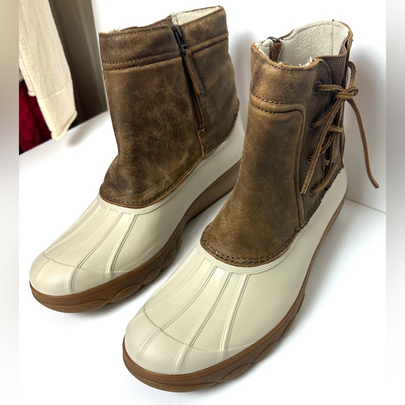 SPERRY 12M Saltwater Spray Wedge Waterproof Rain Duck Boots Ivory Brown Quarter - Picture 6 of 15